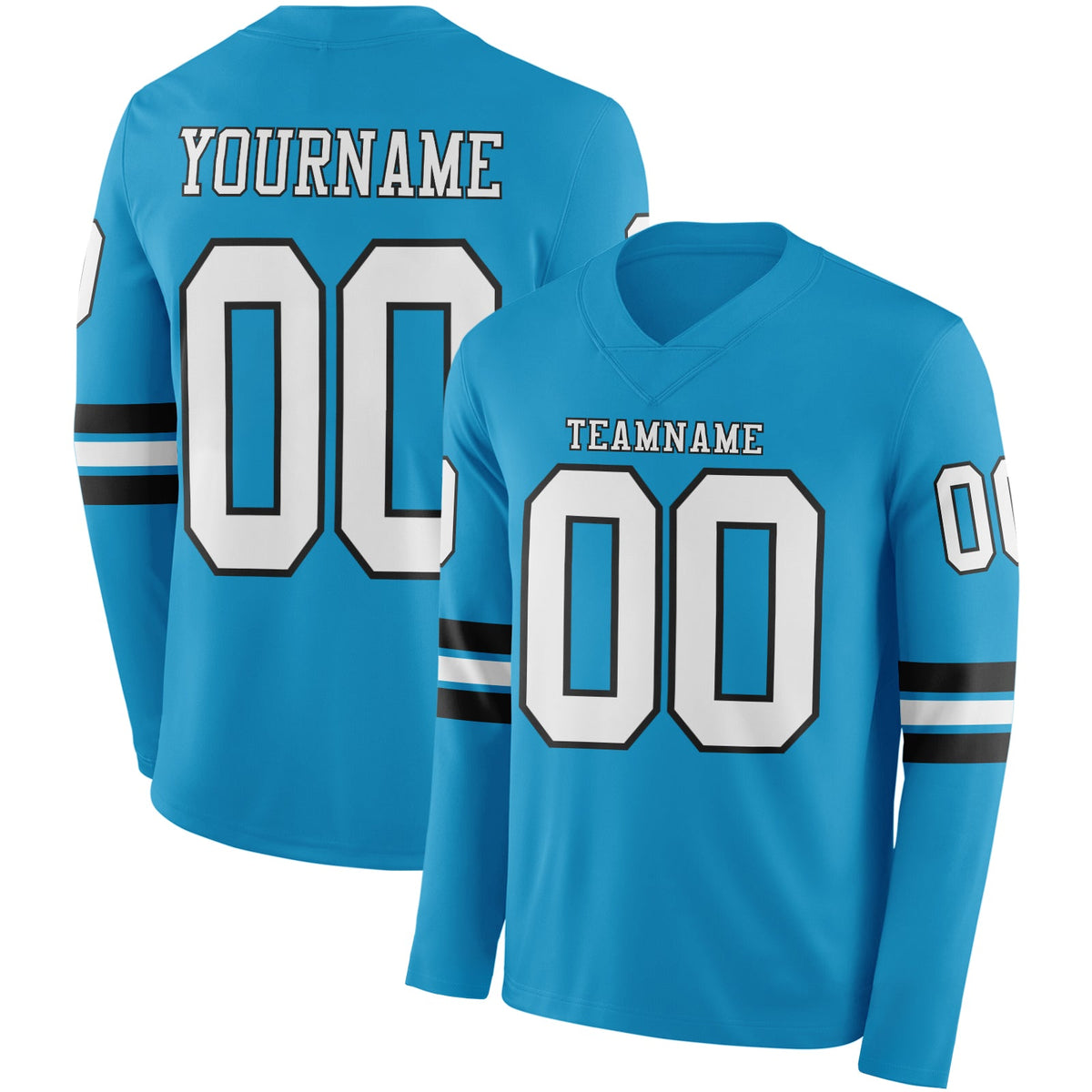 Custom Panther Blue White-Black Long Sleeve Authentic Football Jersey