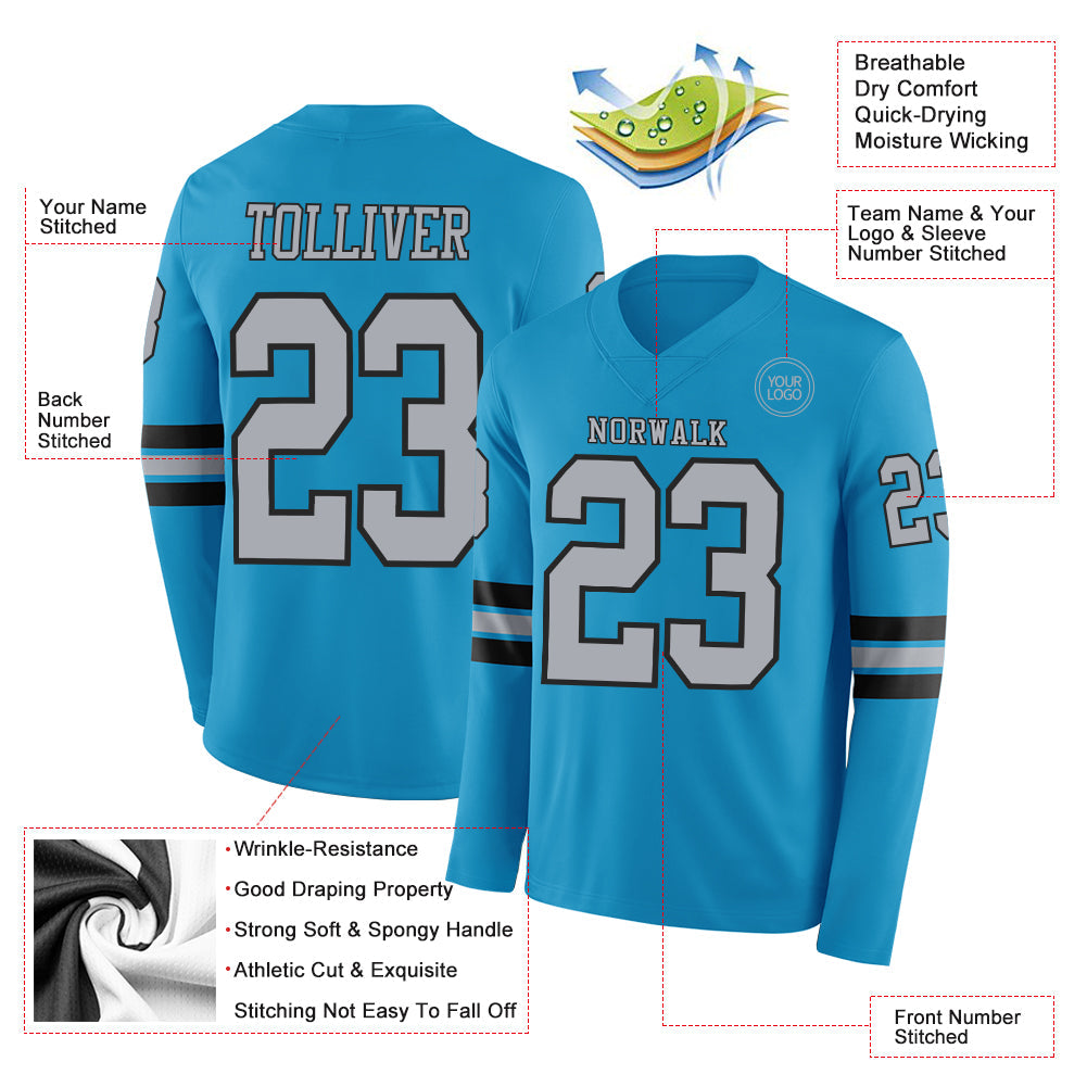 Custom Panther Blue Gray-Black Long Sleeve Authentic Football Jersey Limited