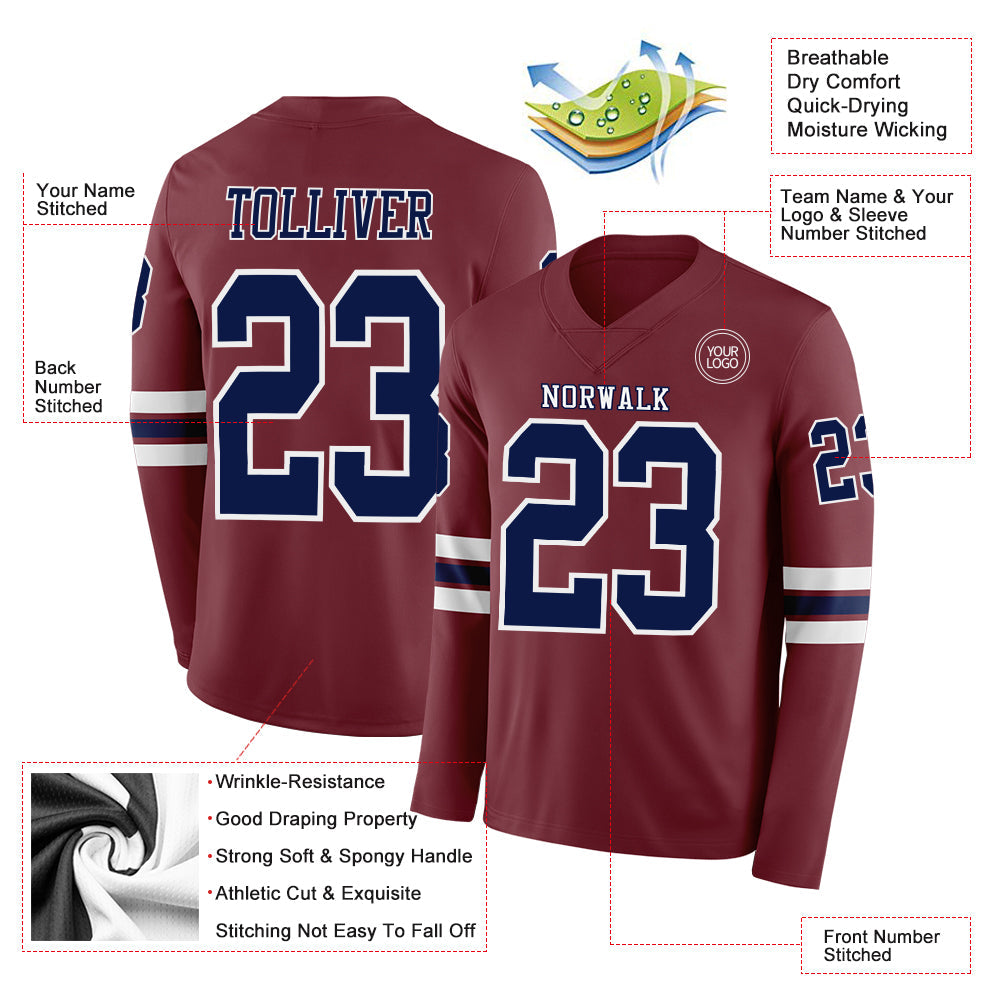 Custom Burgundy Navy-White Long Sleeve Authentic Football Jersey Limited