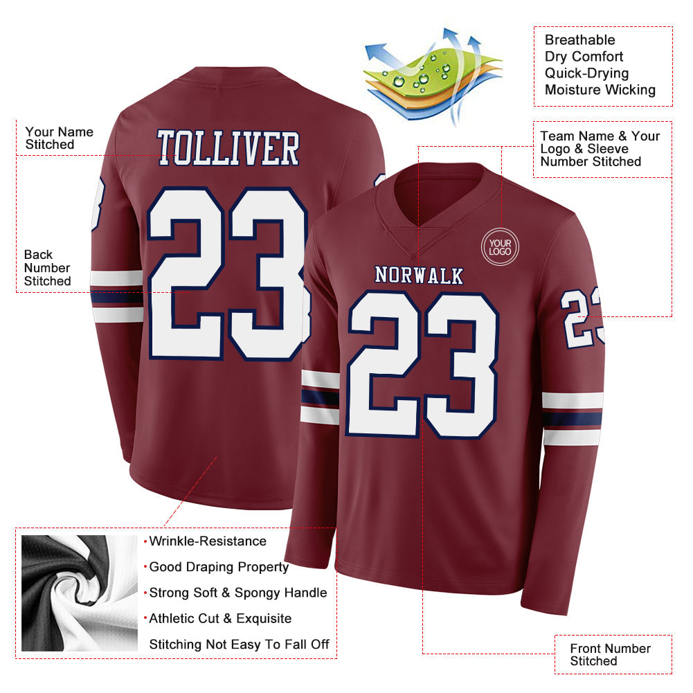 Custom Burgundy White-Navy Long Sleeve Authentic Football Jersey Limited