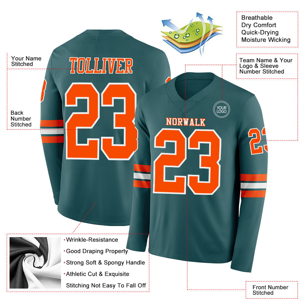 Custom Midnight Green Orange-White Long Sleeve Authentic Football Jersey Limited