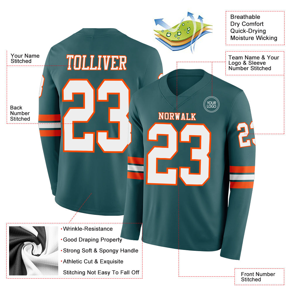 Custom Midnight Green White-Orange Long Sleeve Authentic Football Jersey Limited