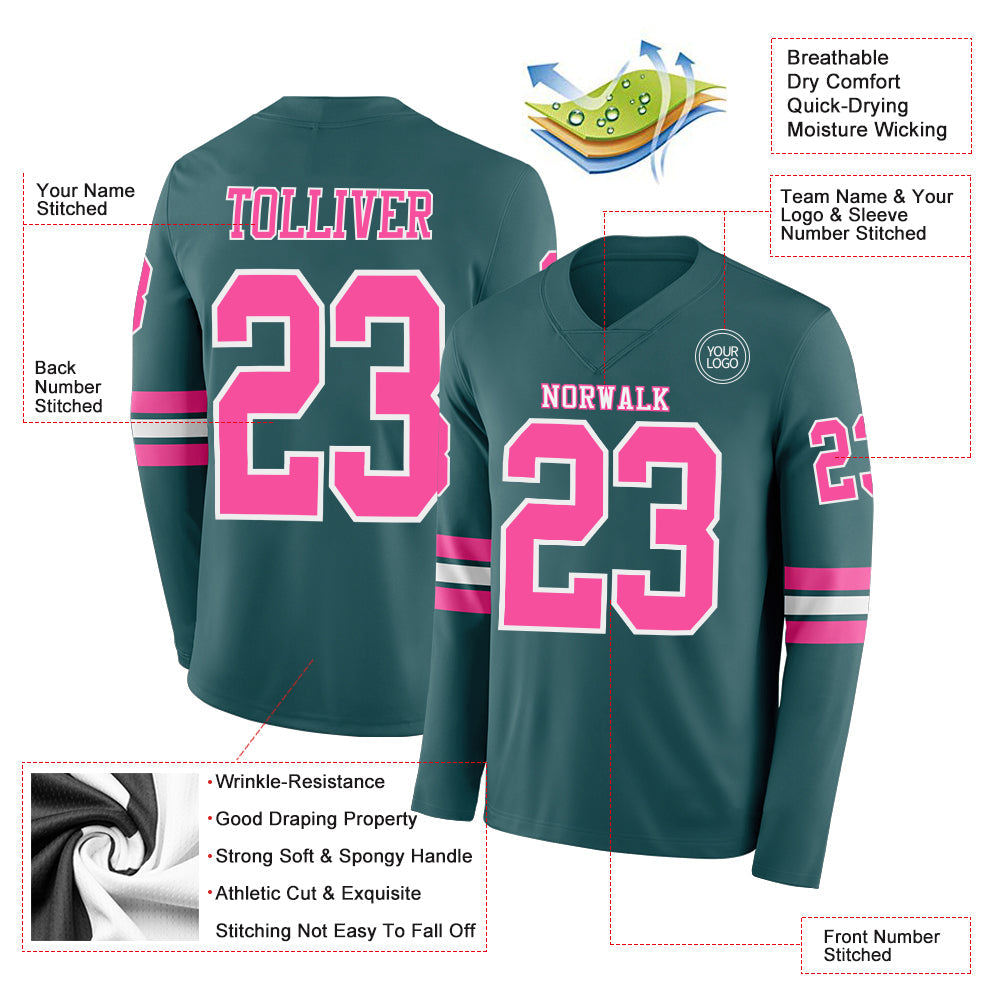 Custom Midnight Green Pink-White Long Sleeve Authentic Football Jersey Limited
