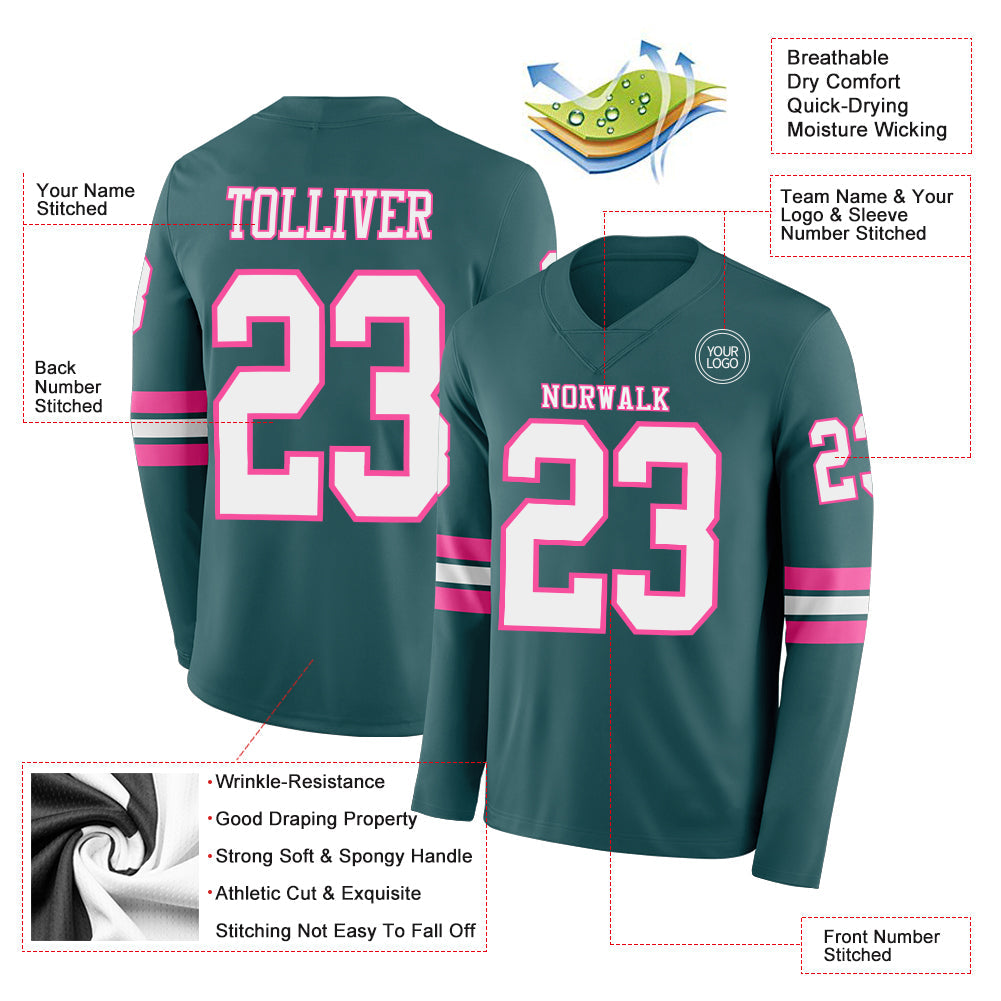 Custom Midnight Green White-Pink Long Sleeve Authentic Football Jersey Limited