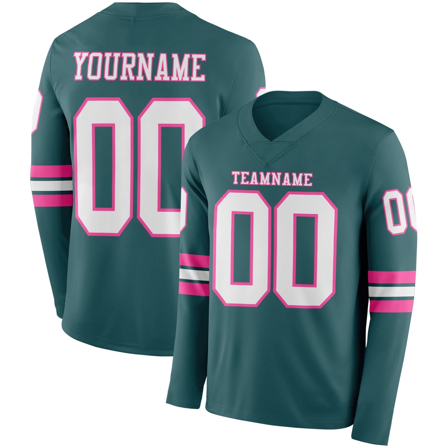 Custom Midnight Green White-Pink Long Sleeve Authentic Football Jersey