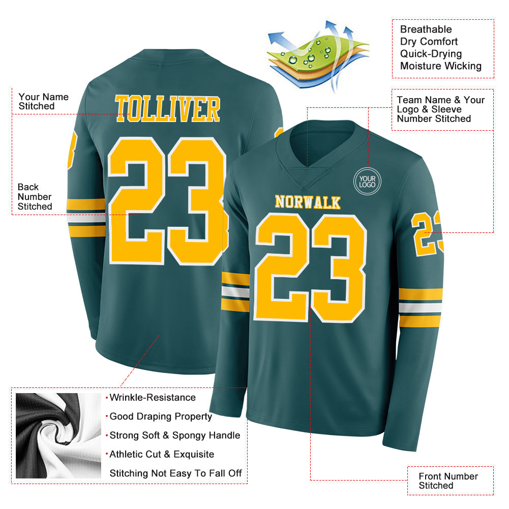 Custom Midnight Green Gold-White Long Sleeve Authentic Football Jersey Limited
