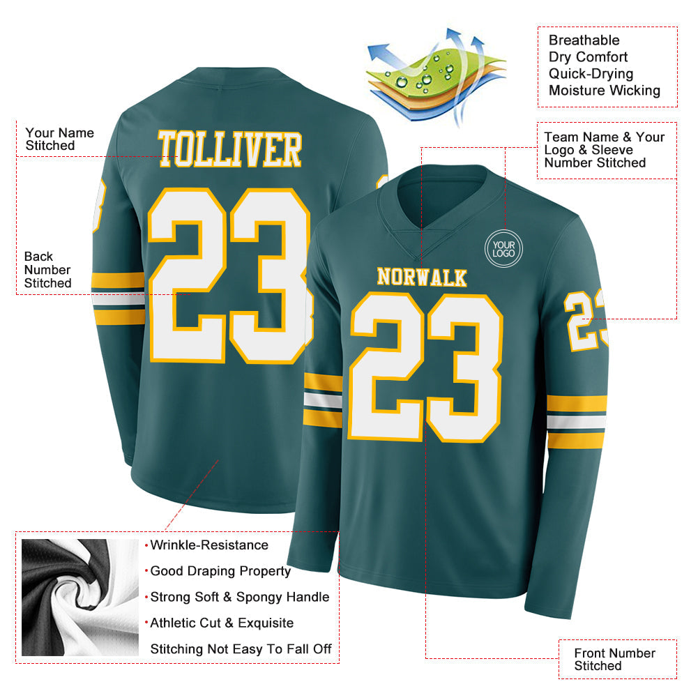 Custom Midnight Green White-Gold Long Sleeve Authentic Football Jersey Limited