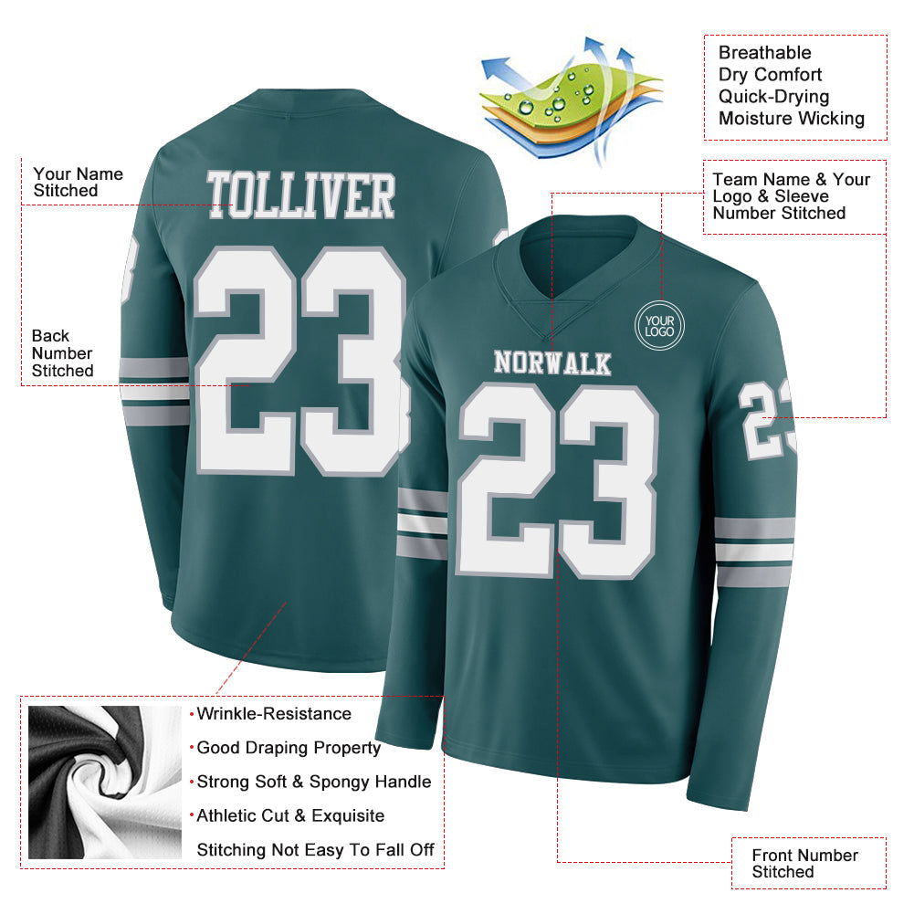Custom Midnight Green White-Gray Long Sleeve Authentic Football Jersey Limited