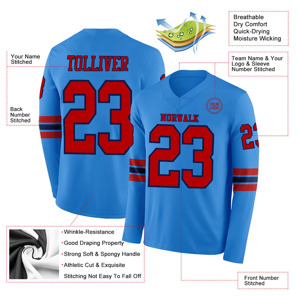 Custom Powder Blue Red-Navy Long Sleeve Authentic Football Jersey Limited