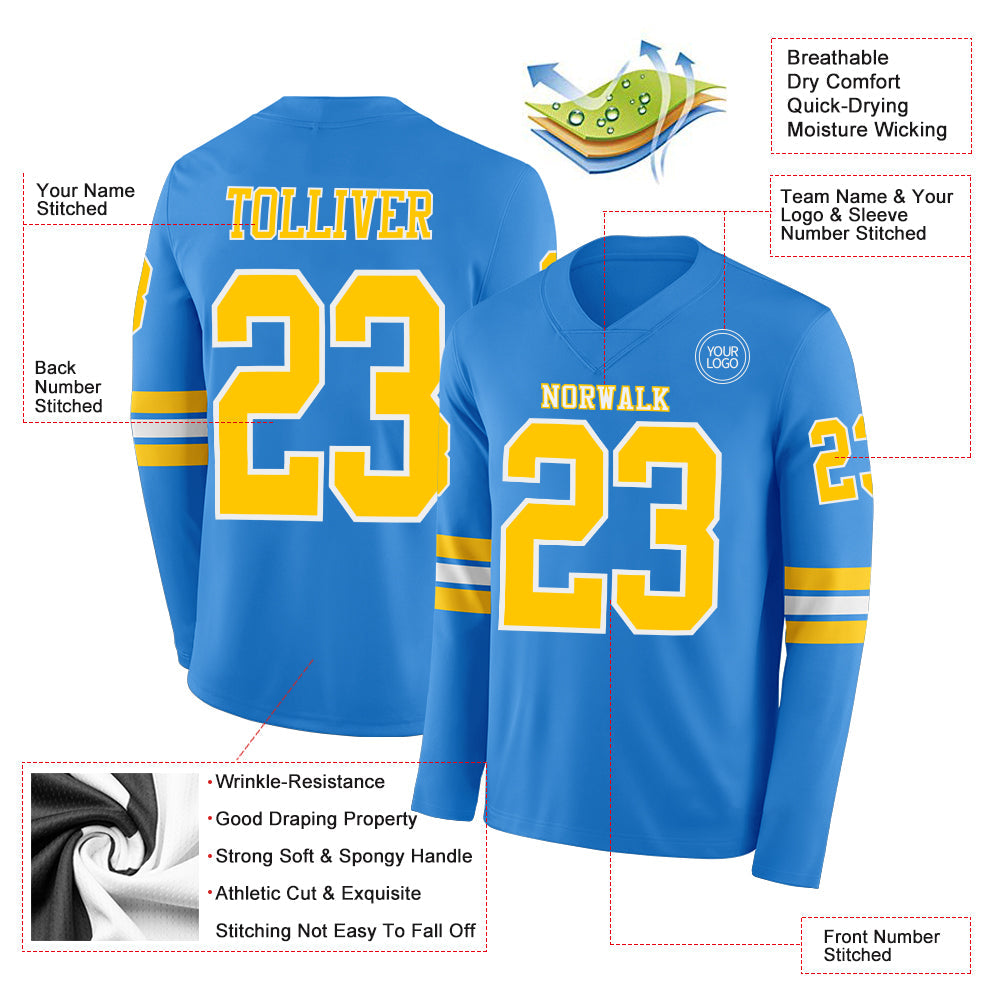 Custom Powder Blue Yellow-White Long Sleeve Authentic Football Jersey Limited