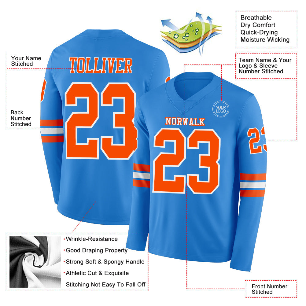 Custom Powder Blue Orange-White Long Sleeve Authentic Football Jersey Limited