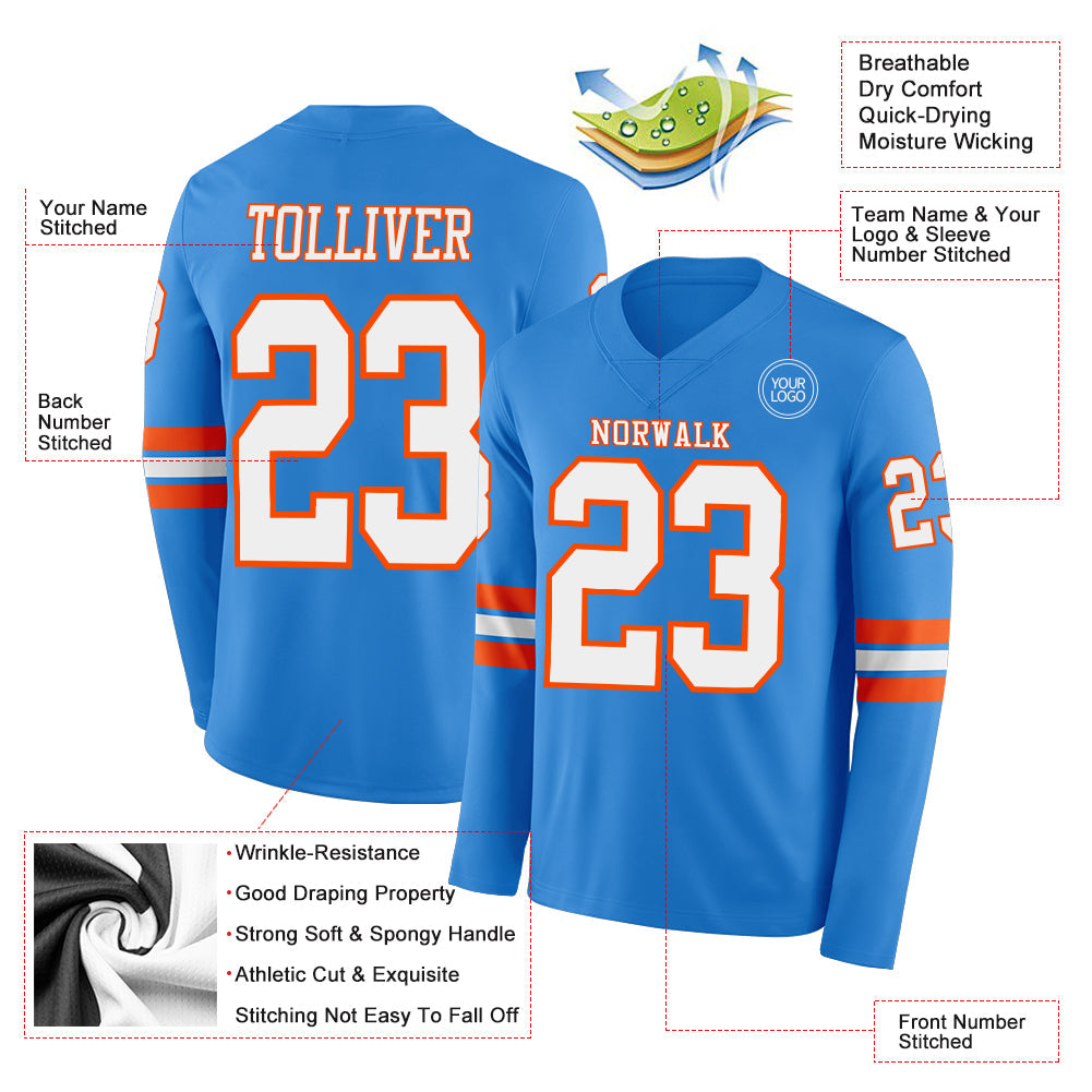 Custom Powder Blue White-Orange Long Sleeve Authentic Football Jersey Limited