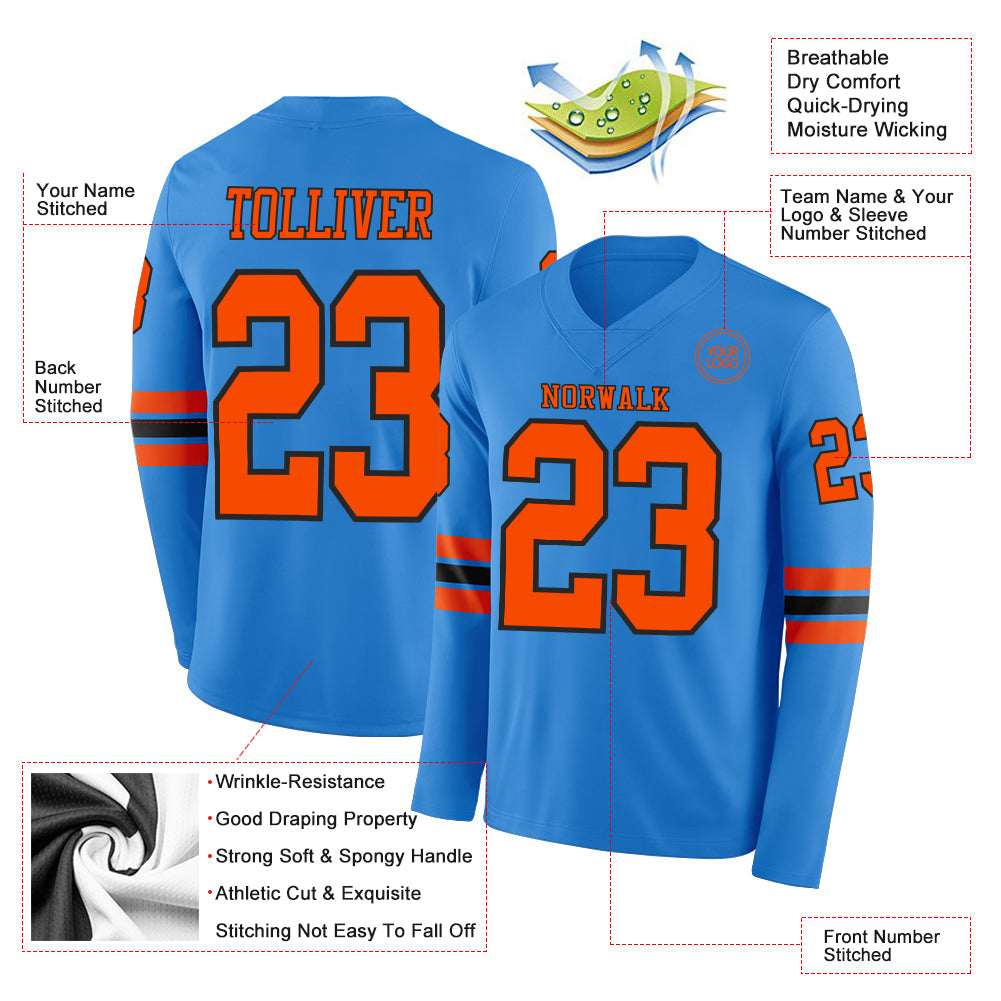 Custom Powder Blue Orange-Black Long Sleeve Authentic Football Jersey Limited