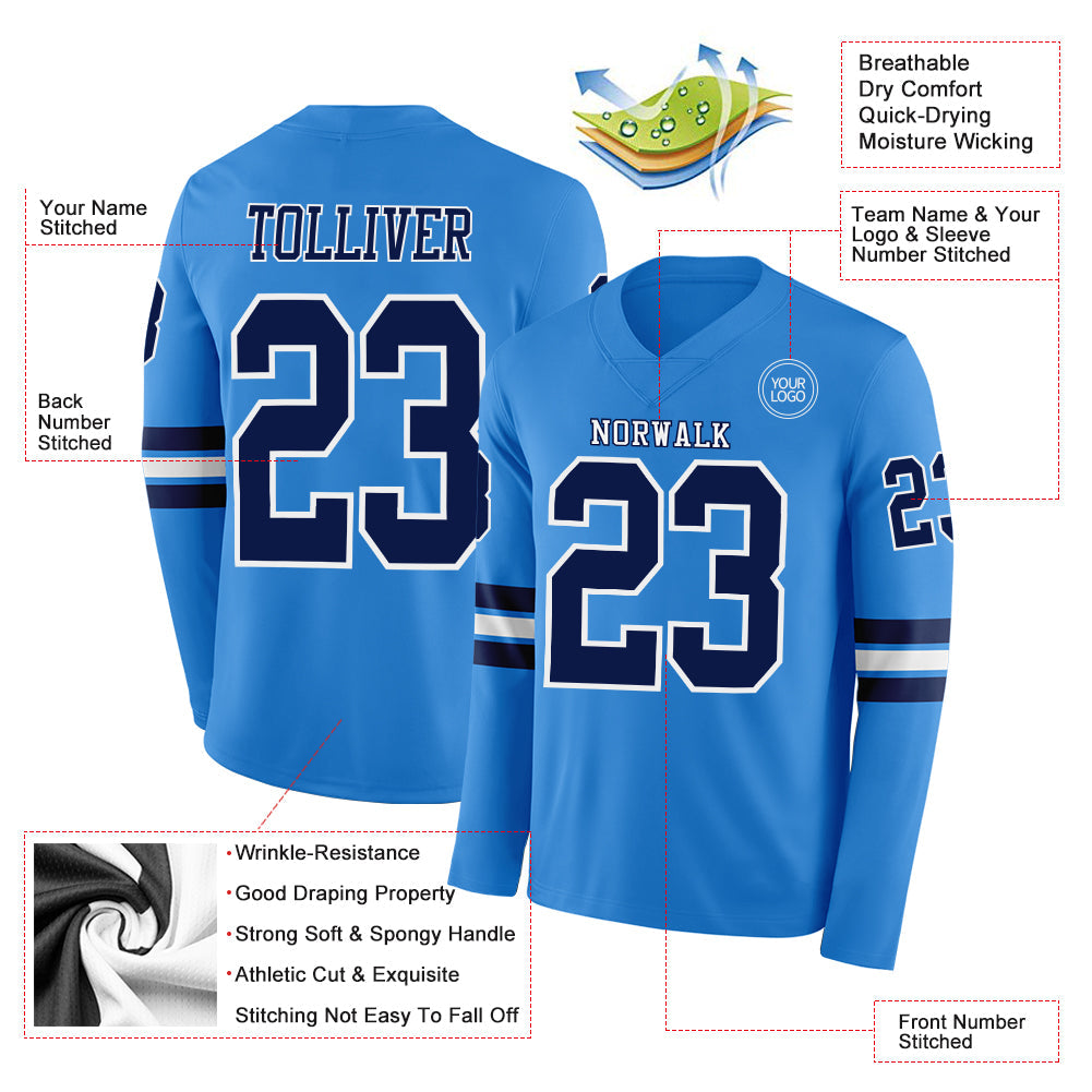 Custom Powder Blue Navy-White Long Sleeve Authentic Football Jersey Limited