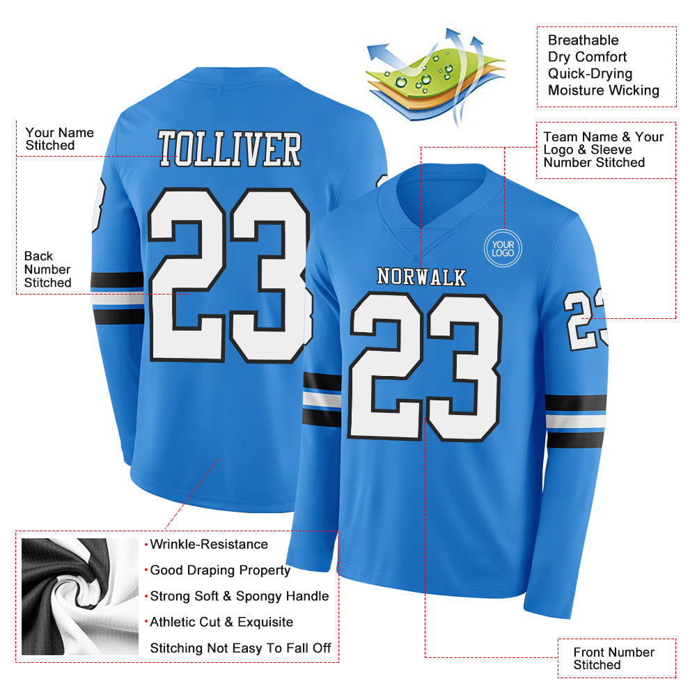 Custom Powder Blue White-Black Long Sleeve Authentic Football Jersey Limited