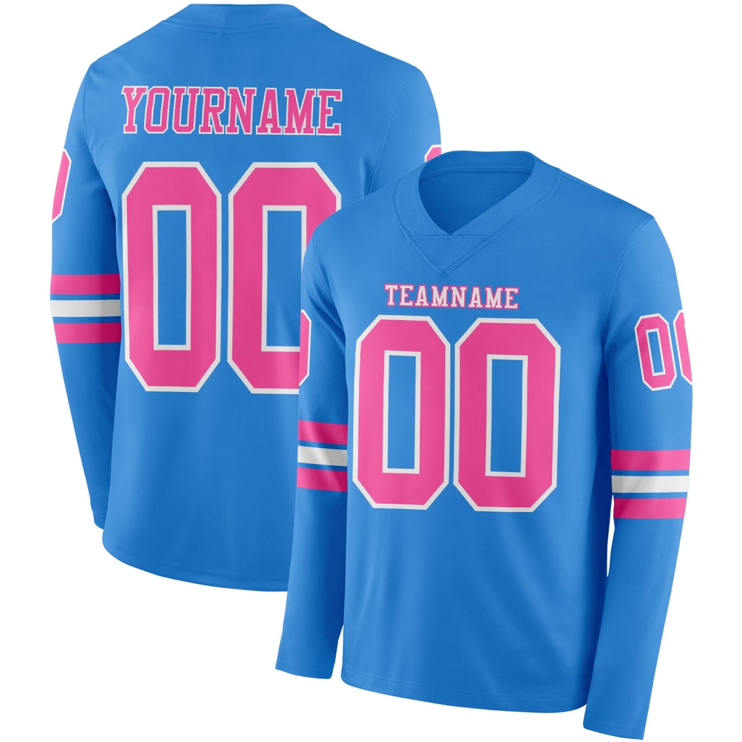 Custom Powder Blue Pink-White Long Sleeve Authentic Football Jersey