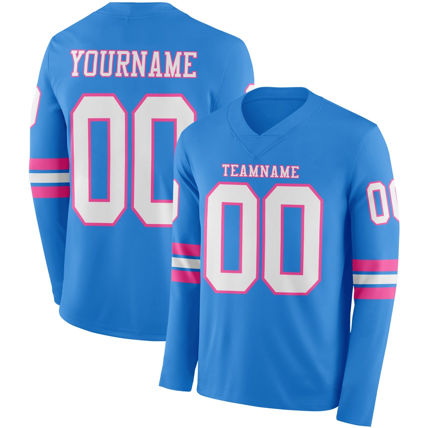 Custom Powder Blue White-Pink Long Sleeve Authentic Football Jersey