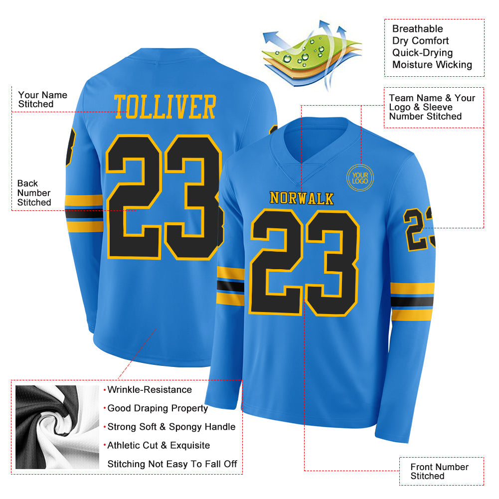 Custom Powder Blue Black-Gold Long Sleeve Authentic Football Jersey Limited