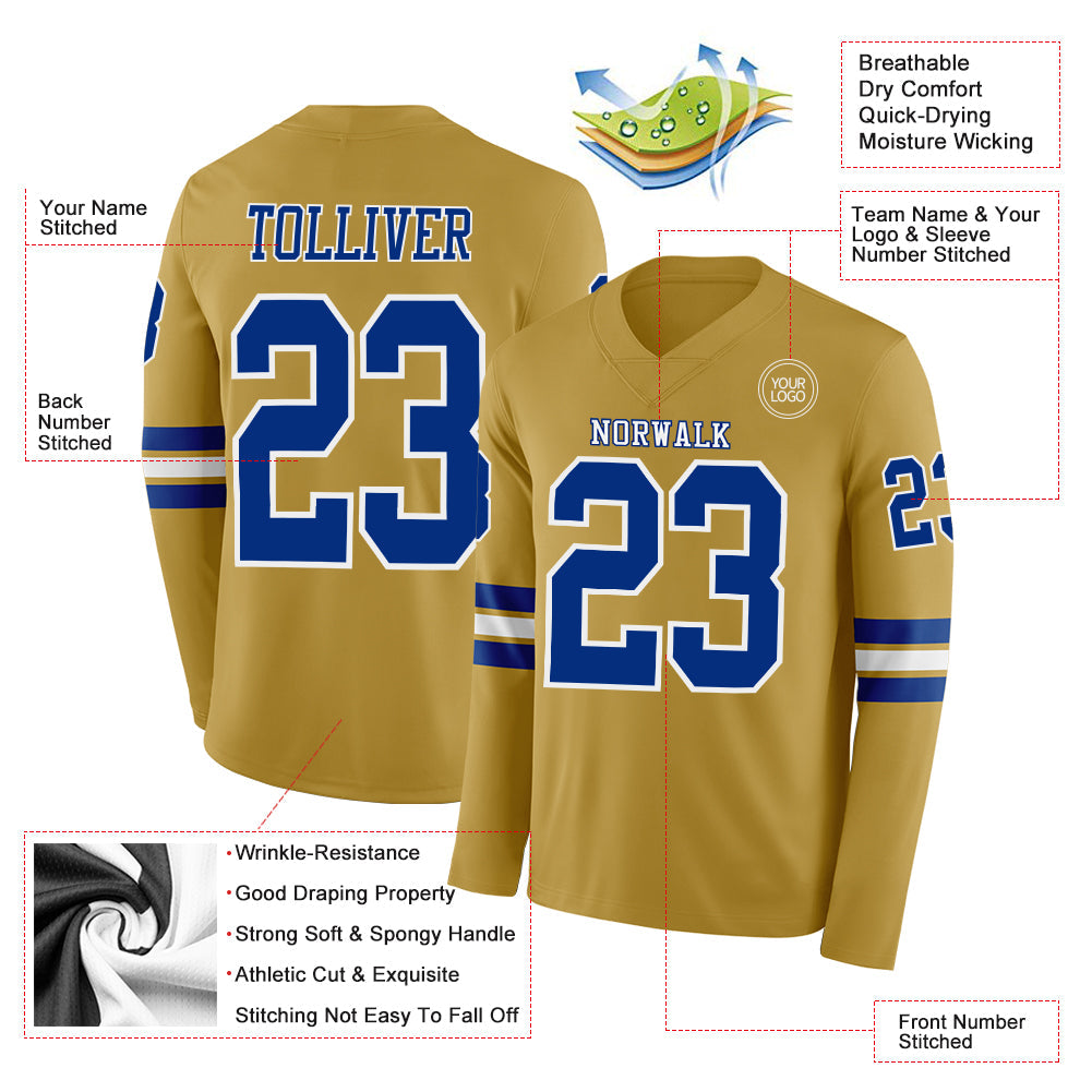 Custom Old Gold Royal-White Long Sleeve Authentic Football Jersey Limited