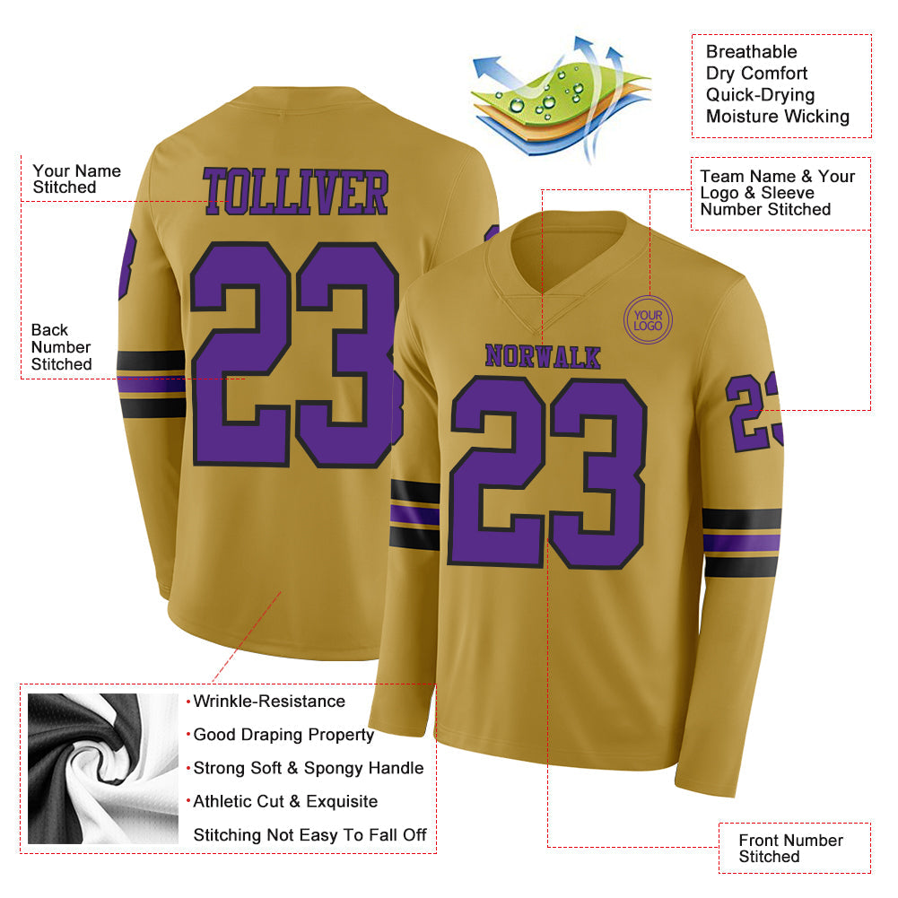 Custom Old Gold Purple-Black Long Sleeve Authentic Football Jersey Limited