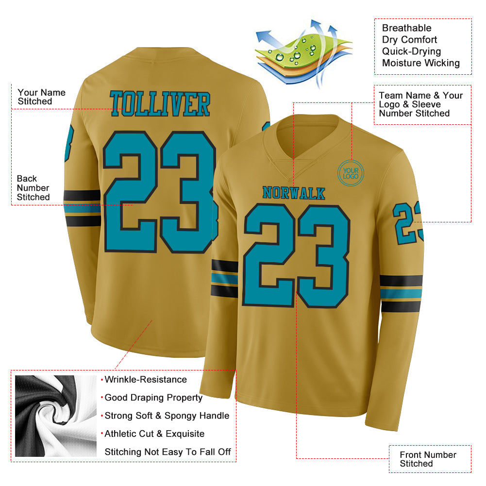 Custom Old Gold Teal-Black Long Sleeve Authentic Football Jersey Limited