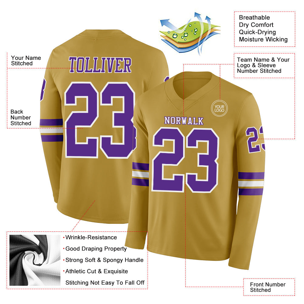Custom Old Gold Purple-White Long Sleeve Authentic Football Jersey Limited