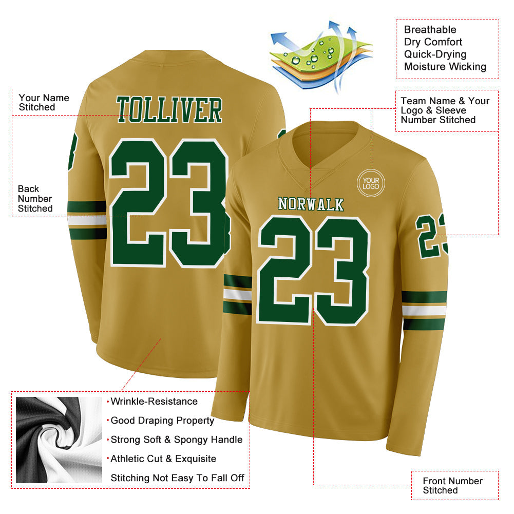 Custom Old Gold Green-White Long Sleeve Authentic Football Jersey Limited