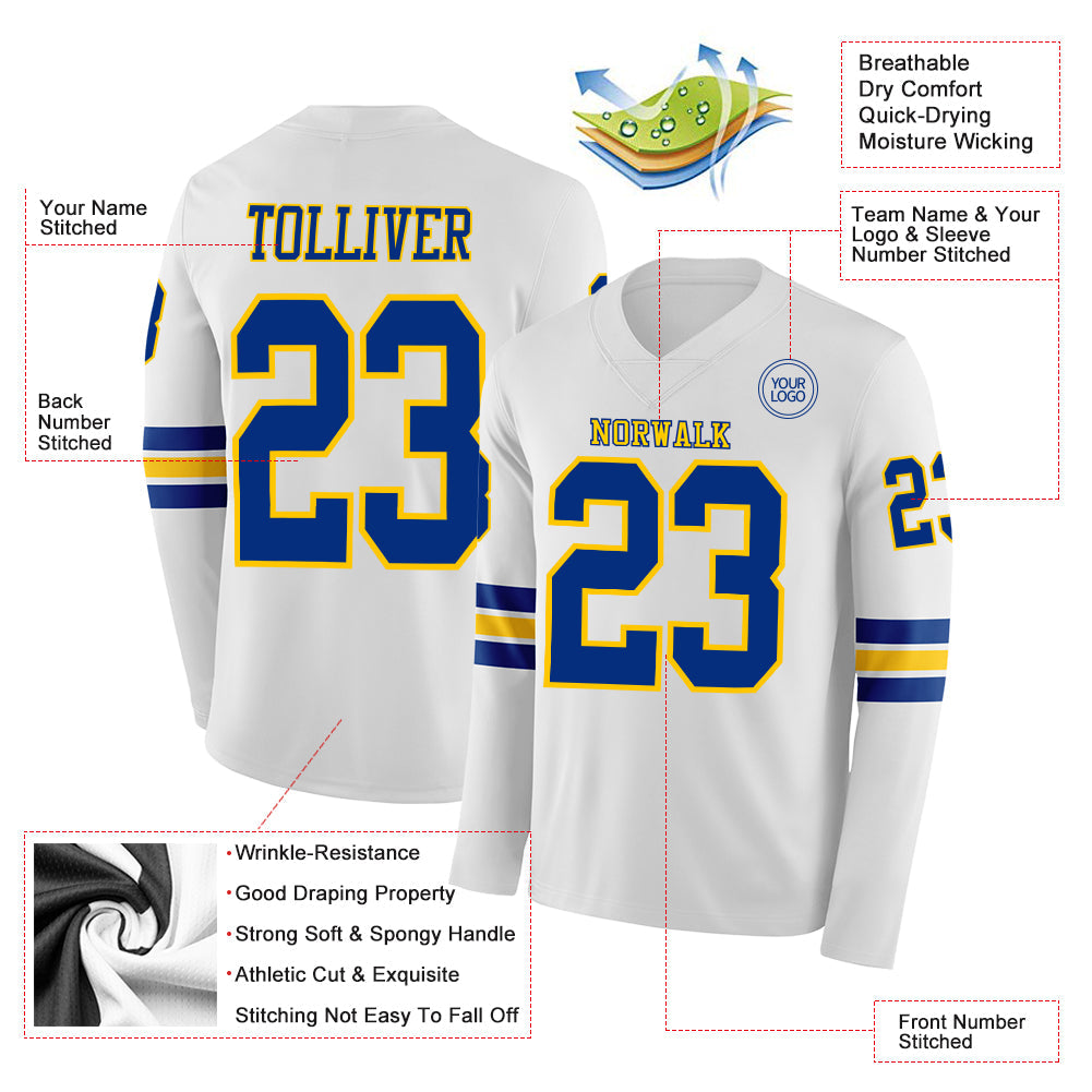Custom White Royal-Yellow Long Sleeve Authentic Football Jersey Limited