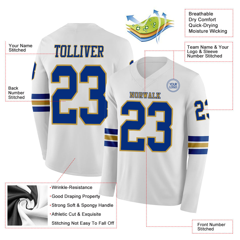 Custom White Royal-Old Gold Long Sleeve Authentic Football Jersey Limited