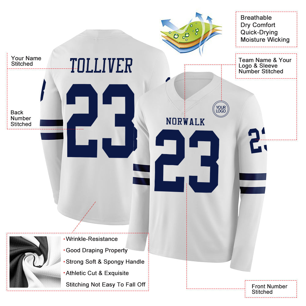 Custom White Navy Long Sleeve Authentic Football Jersey Limited
