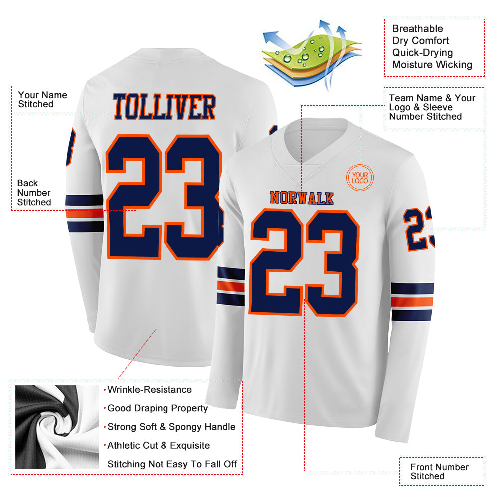 Custom White Navy-Orange Long Sleeve Authentic Football Jersey Limited