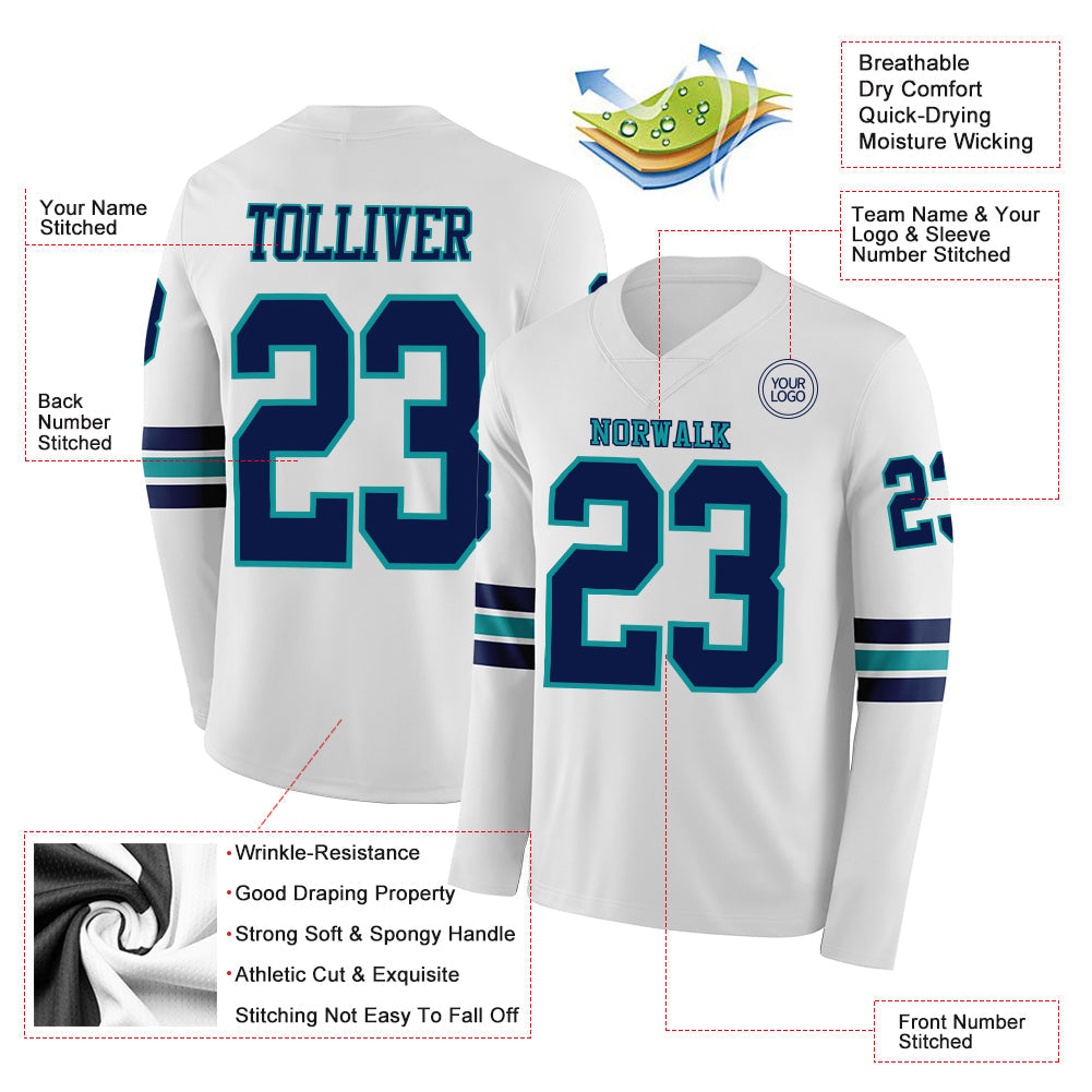 Custom White Navy-Teal Long Sleeve Authentic Football Jersey Limited