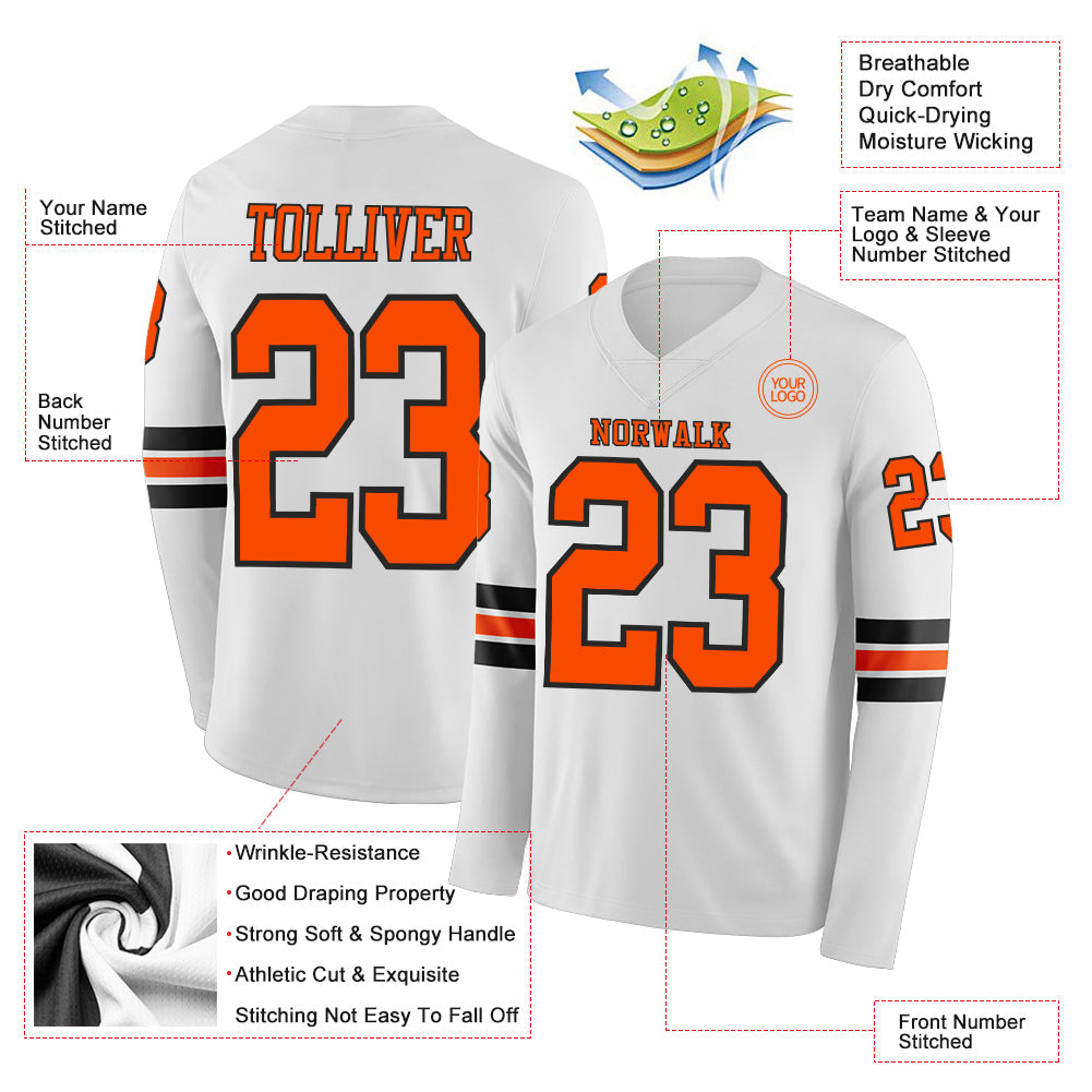 Custom White Orange-Black Long Sleeve Authentic Football Jersey Limited