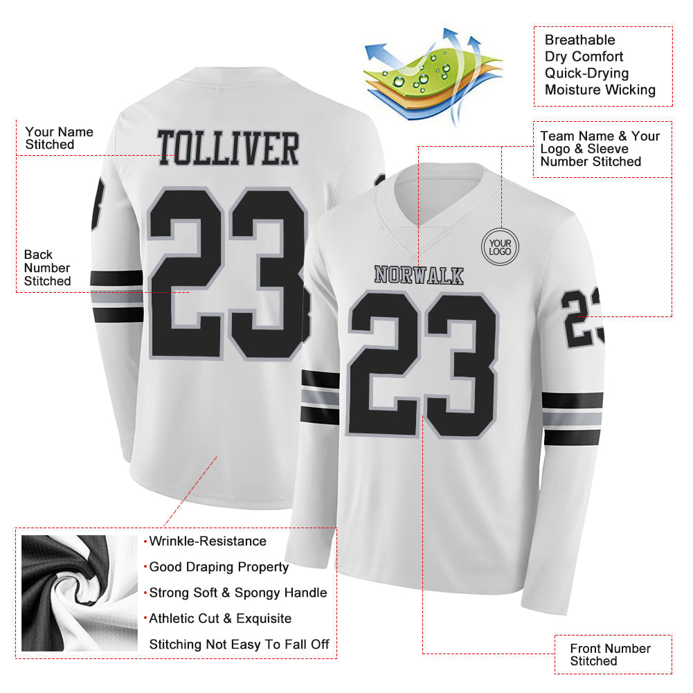 Custom White Black-Gray Long Sleeve Authentic Football Jersey Limited
