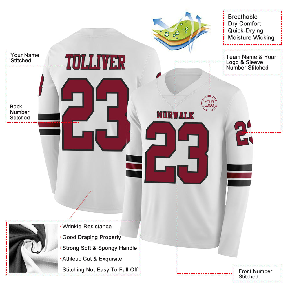 Custom White Crimson-Black Long Sleeve Authentic Football Jersey Limited