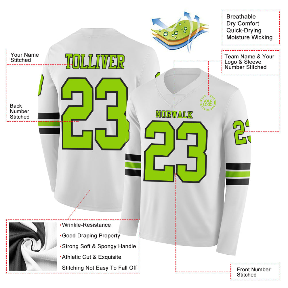 Custom White Neon Green-Black Long Sleeve Authentic Football Jersey Limited
