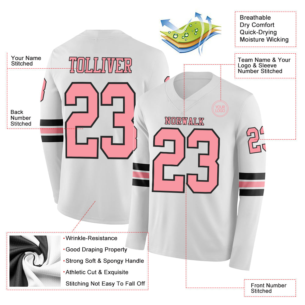Custom White Medium Pink-Black Long Sleeve Authentic Football Jersey Limited