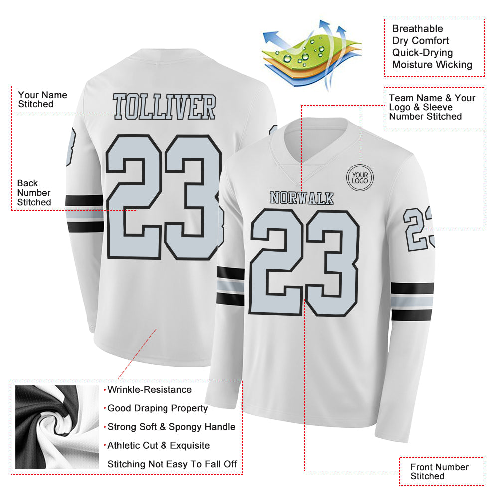 Custom White Silver-Black Long Sleeve Authentic Football Jersey Limited