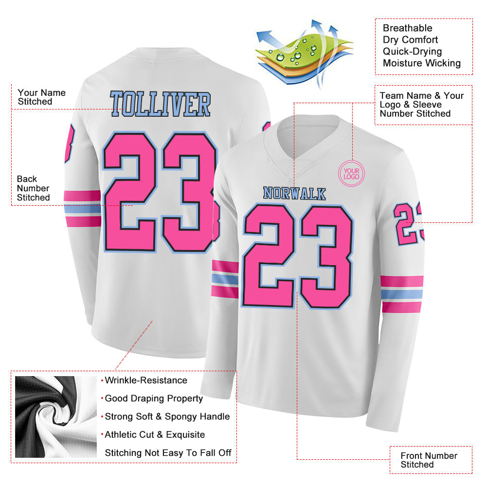 Custom White Pink Black-Light Blue Long Sleeve Authentic Football Jersey Limited