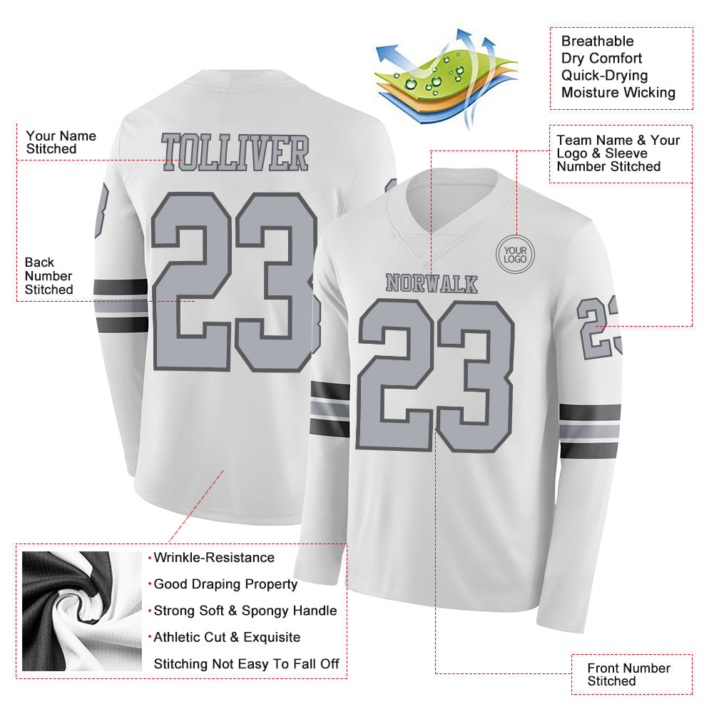 Custom White Gray-Steel Gray Long Sleeve Authentic Football Jersey Limited
