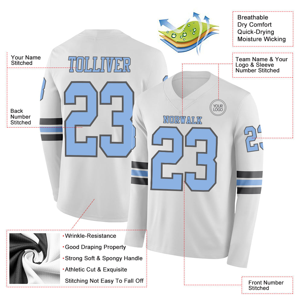 Custom White Light Blue-Steel Gray Long Sleeve Authentic Football Jersey Limited