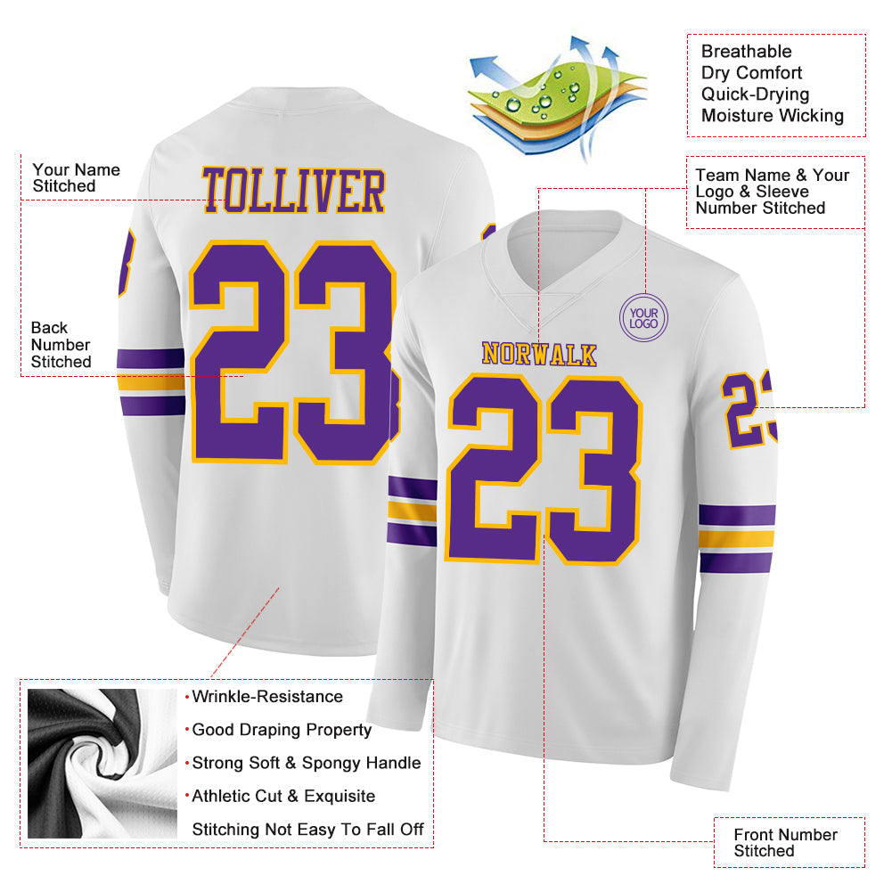 Custom White Purple-Gold Long Sleeve Authentic Football Jersey Limited