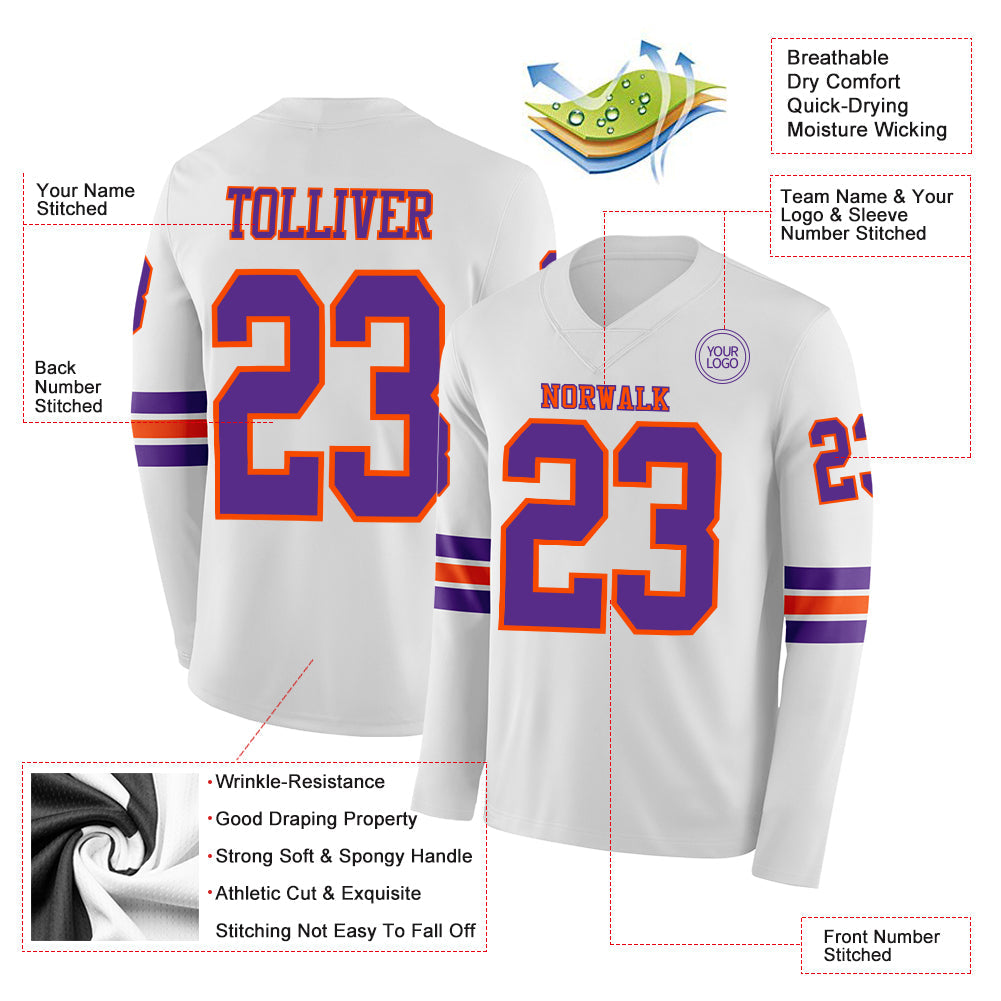 Custom White Purple-Orange Long Sleeve Authentic Football Jersey Limited