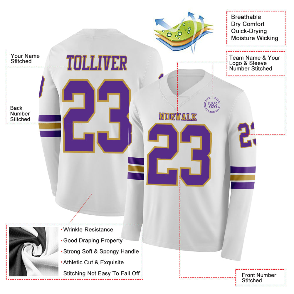 Custom White Purple-Old Gold Long Sleeve Authentic Football Jersey Limited