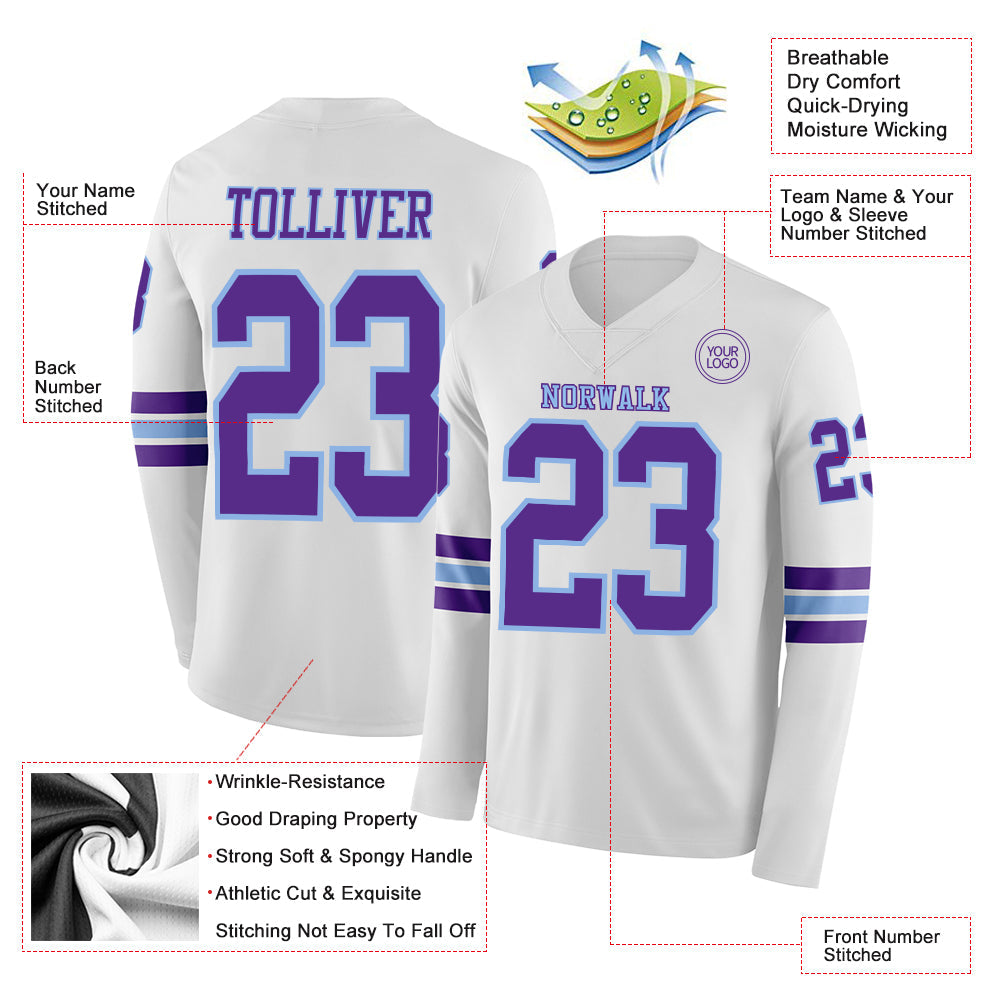 Custom White Purple-Light Blue Long Sleeve Authentic Football Jersey Limited