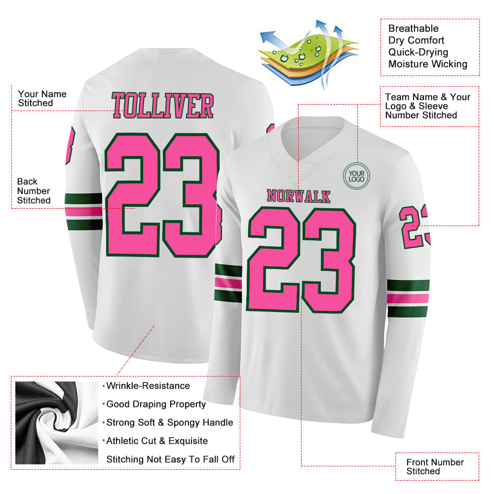 Custom White Pink-Green Long Sleeve Authentic Football Jersey Limited