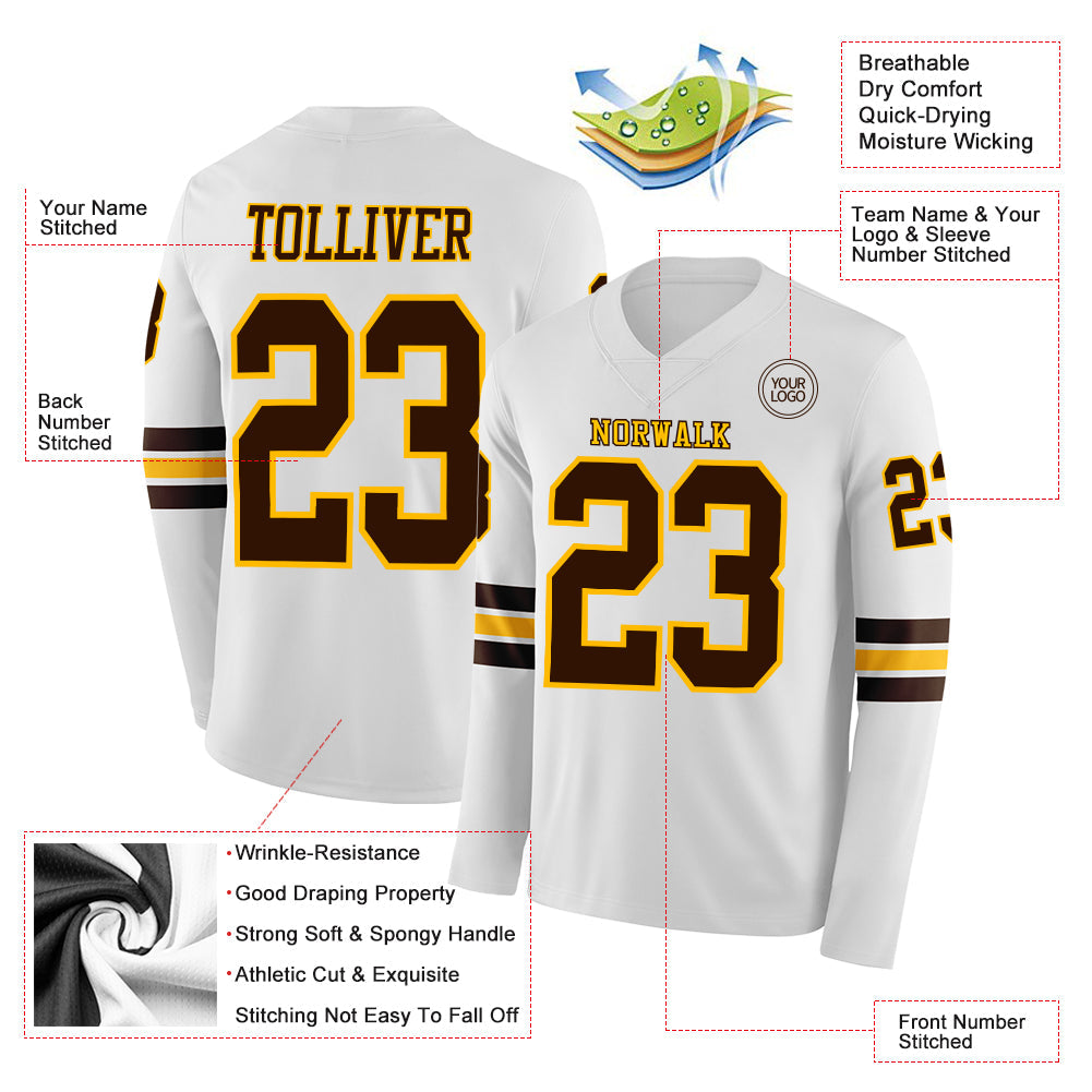 Custom White Brown-Gold Long Sleeve Authentic Football Jersey Limited