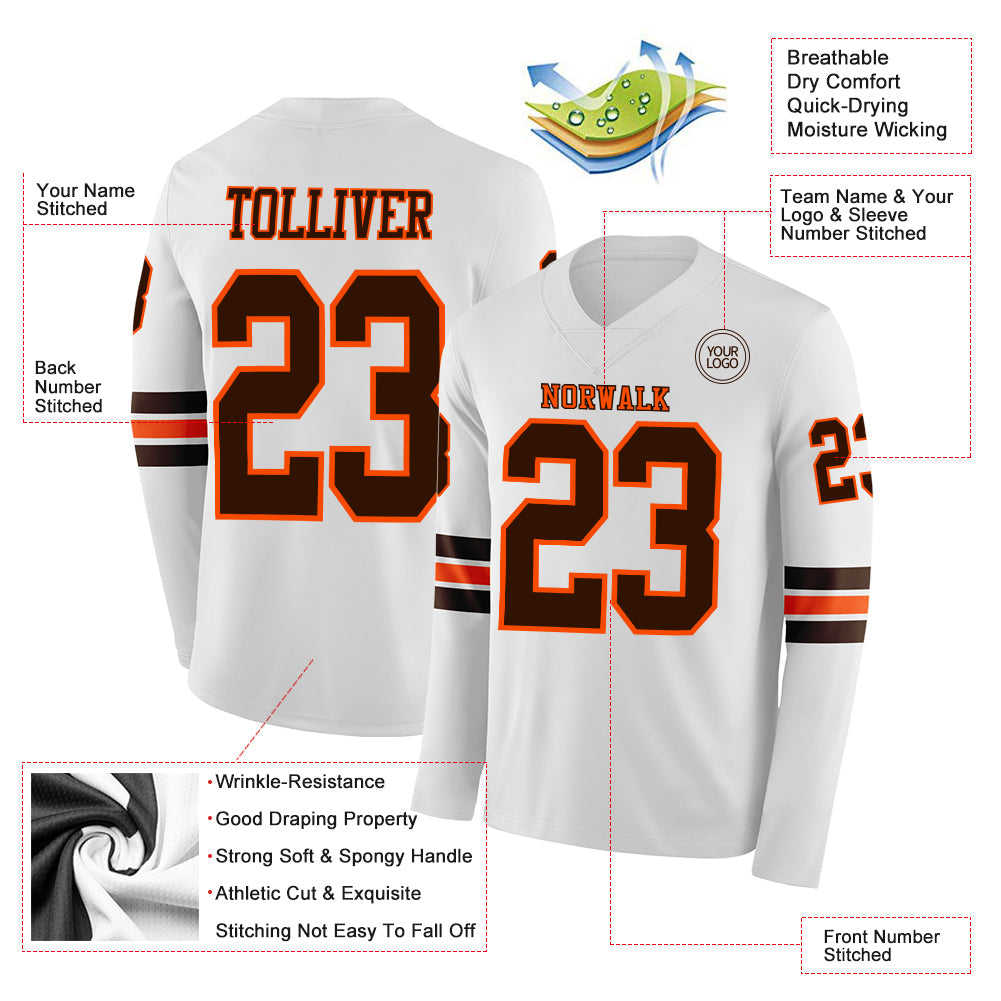Custom White Brown-Orange Long Sleeve Authentic Football Jersey Limited