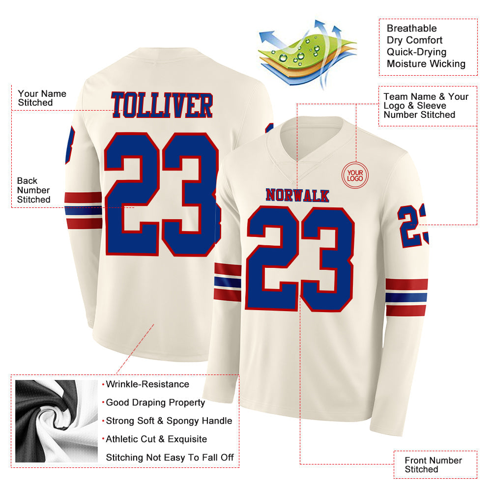 Custom Cream Royal-Red Long Sleeve Authentic Football Jersey Limited