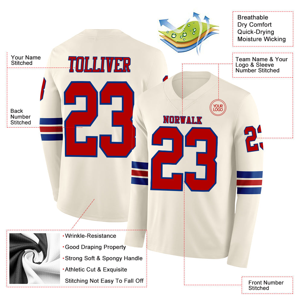 Custom Cream Red-Royal Long Sleeve Authentic Football Jersey Limited